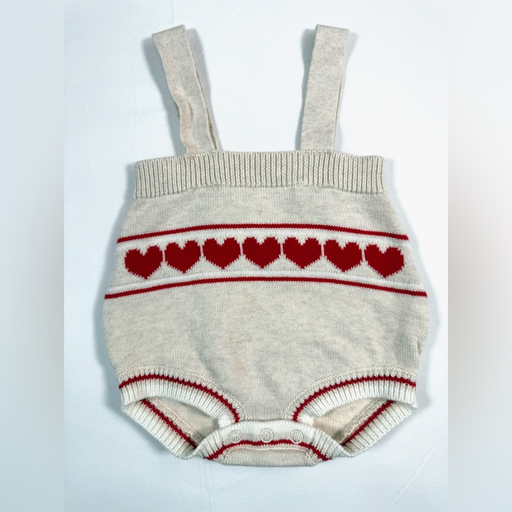 CAT AND JACK Baby Knit Heart Romper 0-3M Cream Red Cozy Valentine Core Holiday